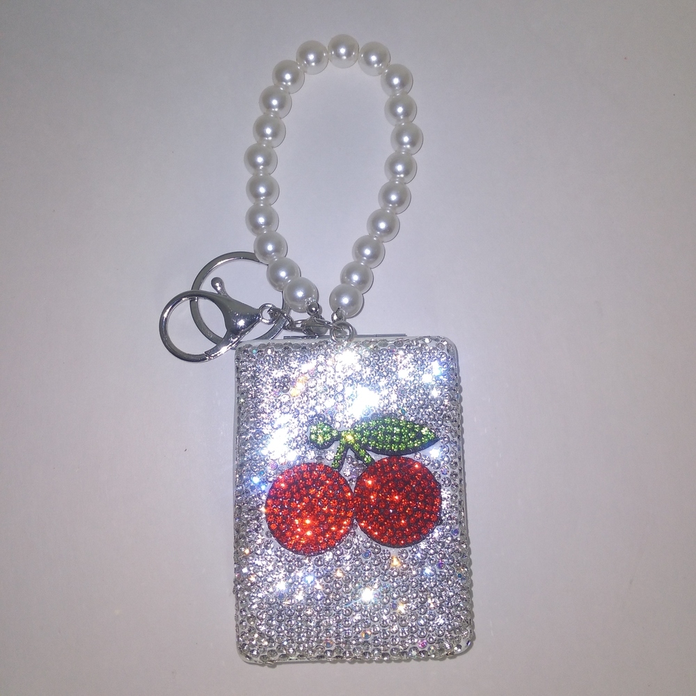 Sparkling Silver Cherry Keychain Mirror with Pearl Handle